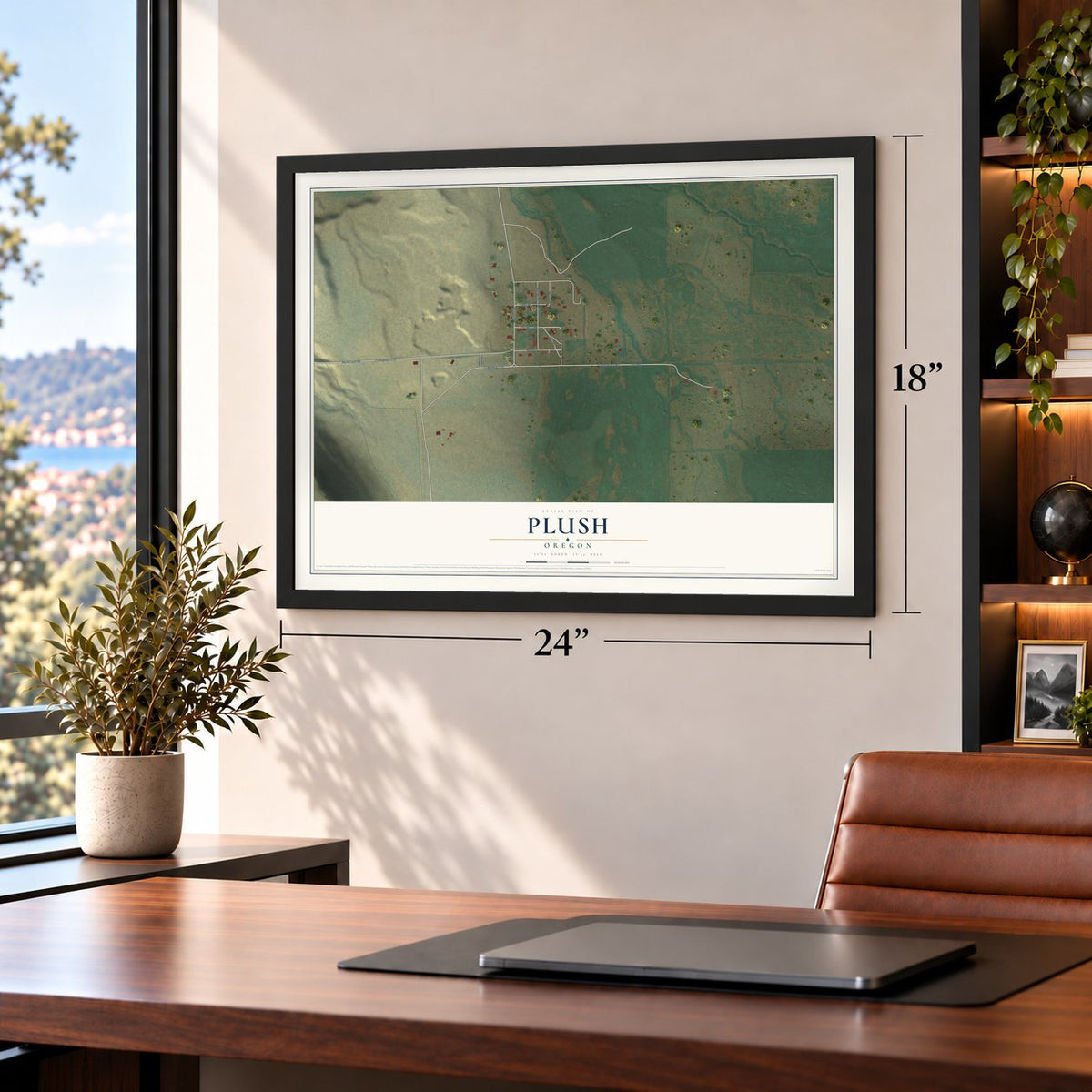Plush, Oregon map, 18 x 24 inch print in a black frame in a home office