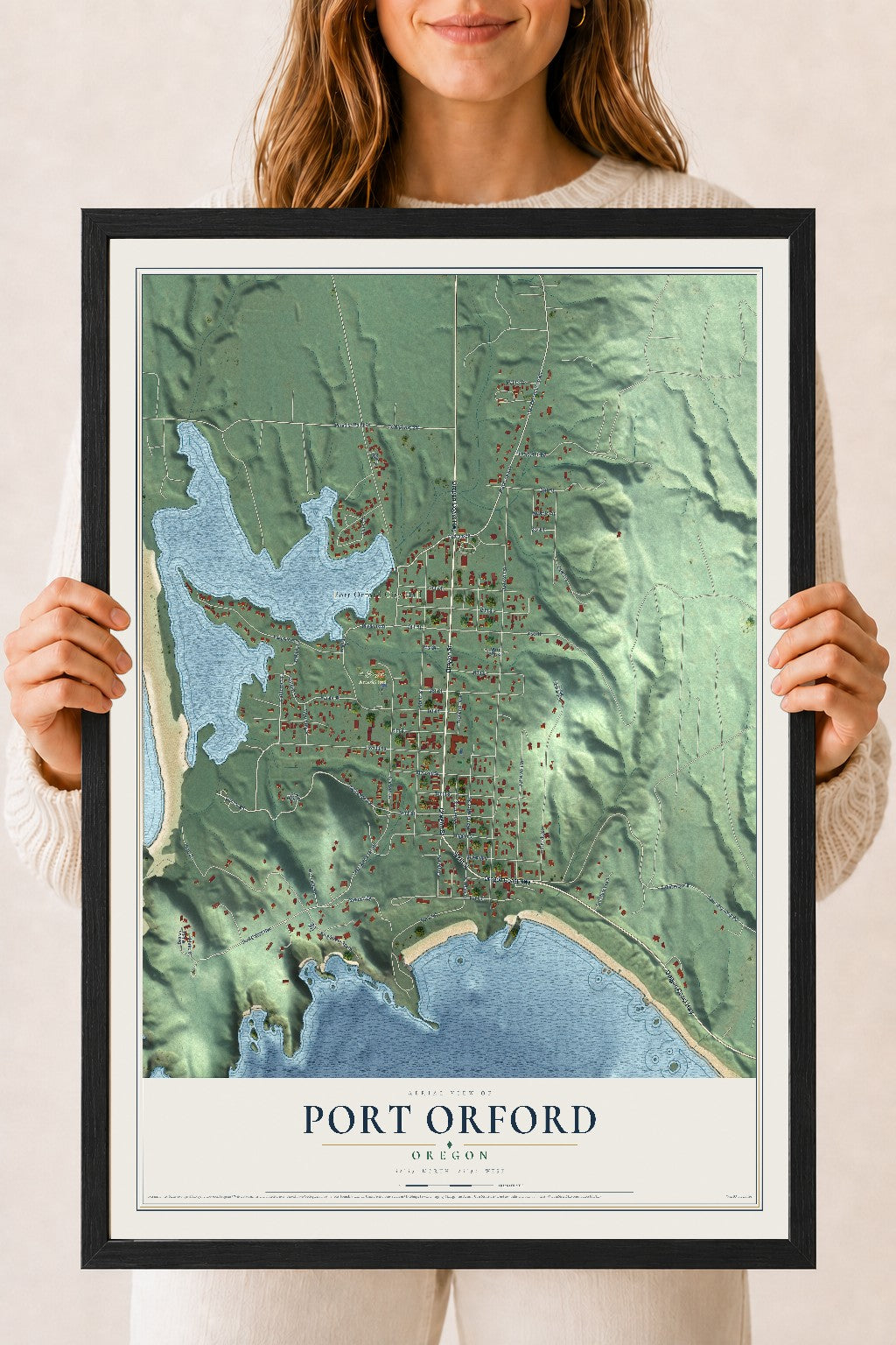 Map of Port Orford, Oregon, 18 x 24 inch print in a black wood frame