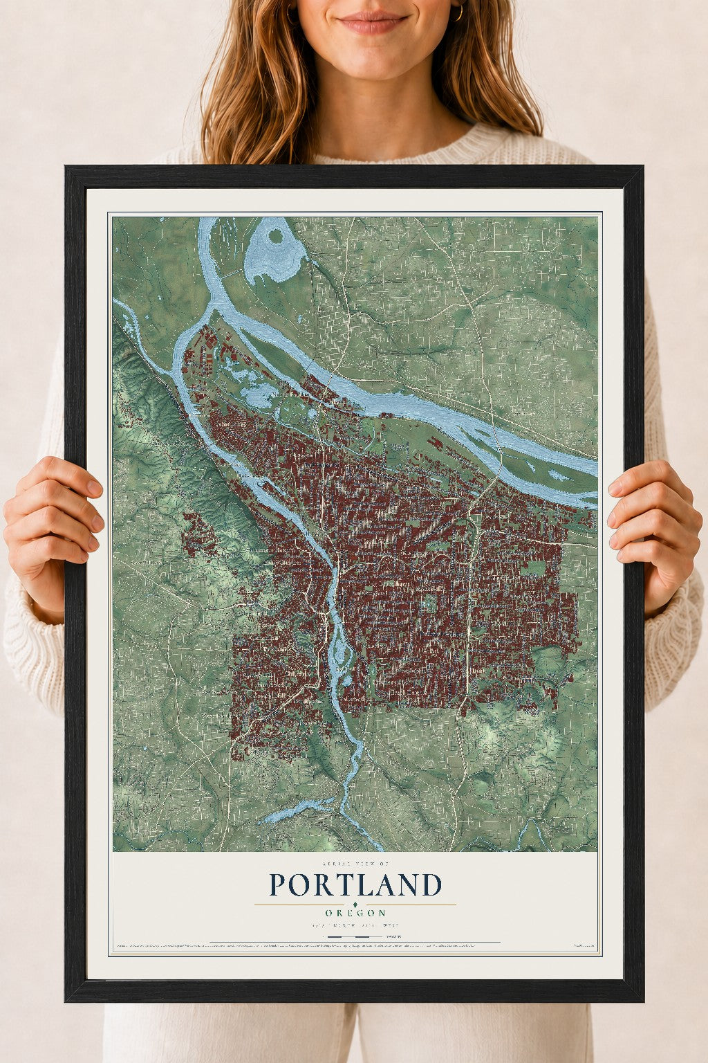 Map of Portland, Oregon, 18 x 24 inch print in a black wood frame