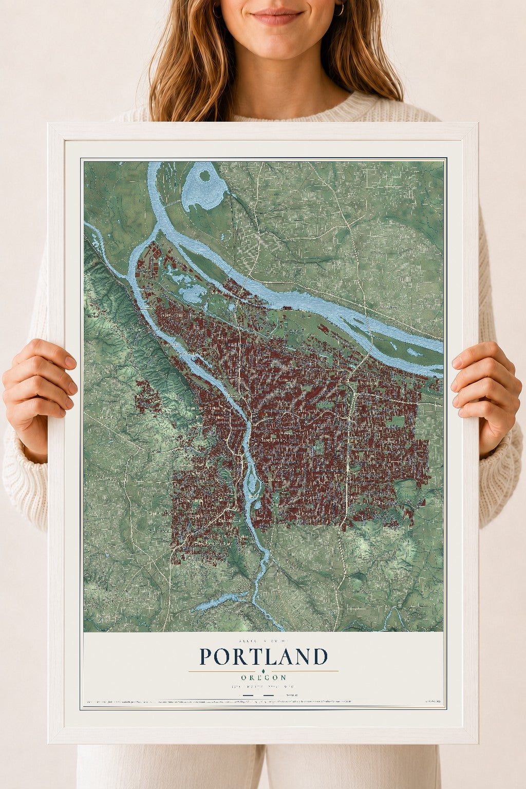 Map of Portland, Oregon, 18 x 24 inch print in a white wood frame