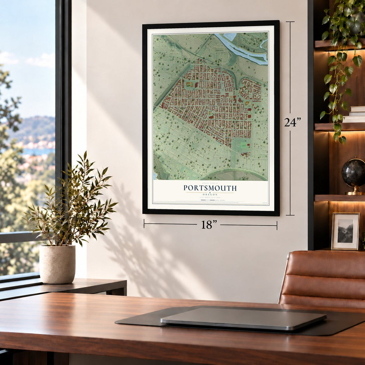 Portsmouth, Oregon map, 18 x 24 inch print in a black frame in a home office