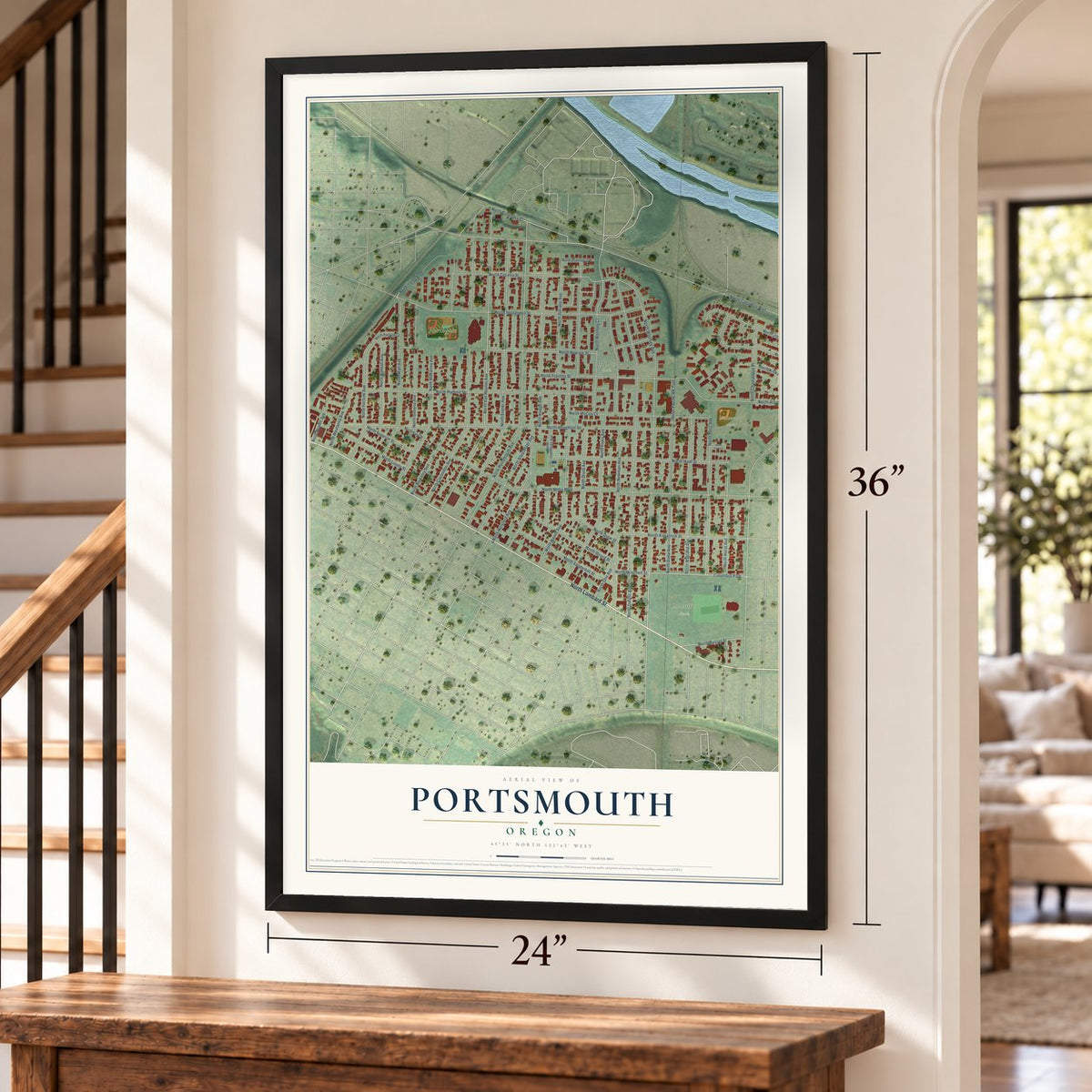 Portsmouth, Oregon map, 24 x 36 inch print in a black frame by a staircase