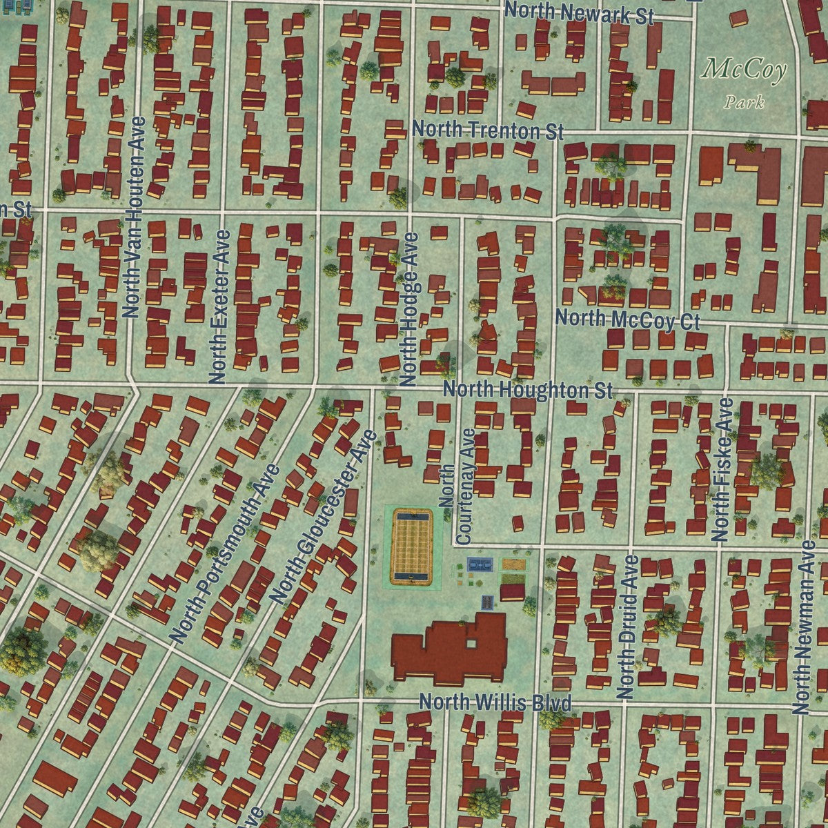 Close-up of the map of Portsmouth, Oregon print showing street and building detail