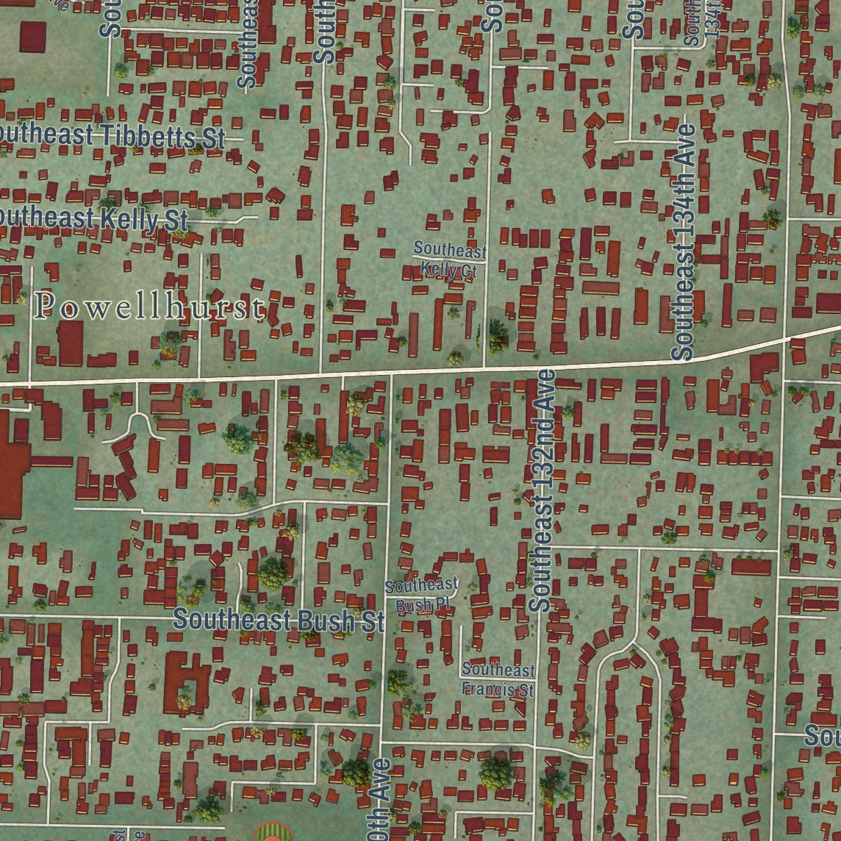 Close-up of the map of Powellhurst-Gilbert, Oregon print showing street and building detail