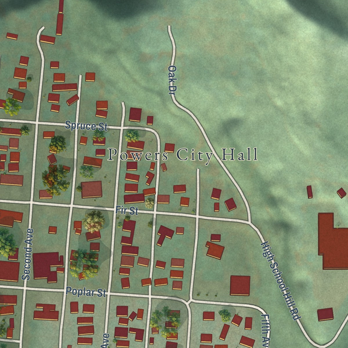 Second close-up of the map of Powers, Oregon print showing more streets and buildings