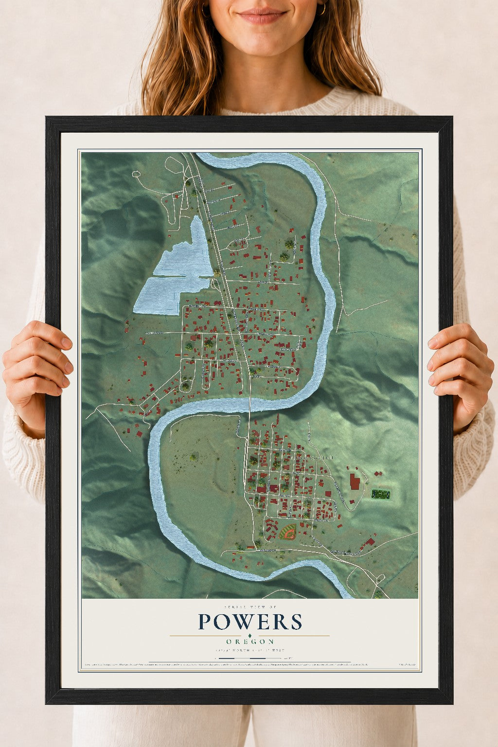 Map of Powers, Oregon, 18 x 24 inch print in a black wood frame