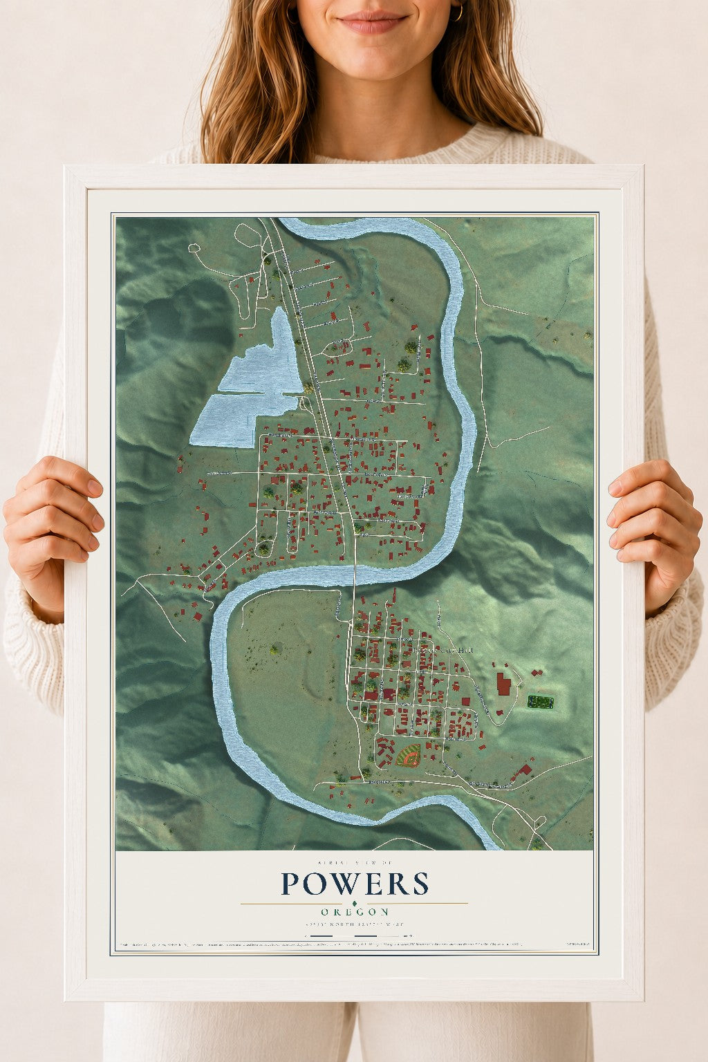 Map of Powers, Oregon, 18 x 24 inch print in a white wood frame