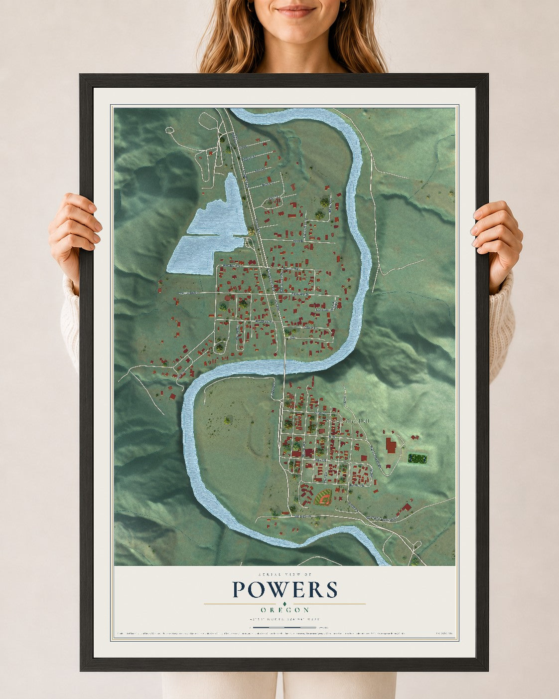 Map of Powers, Oregon, 24 x 36 inch print in a black wood frame