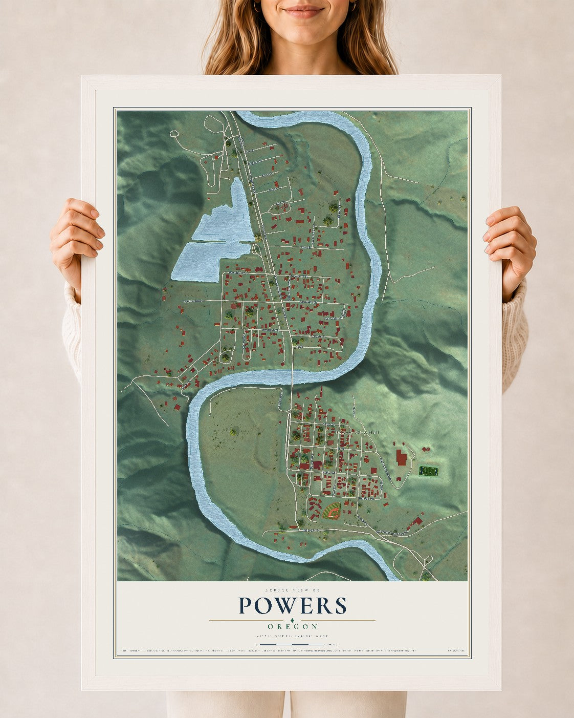 Map of Powers, Oregon, 24 x 36 inch print in a white wood frame