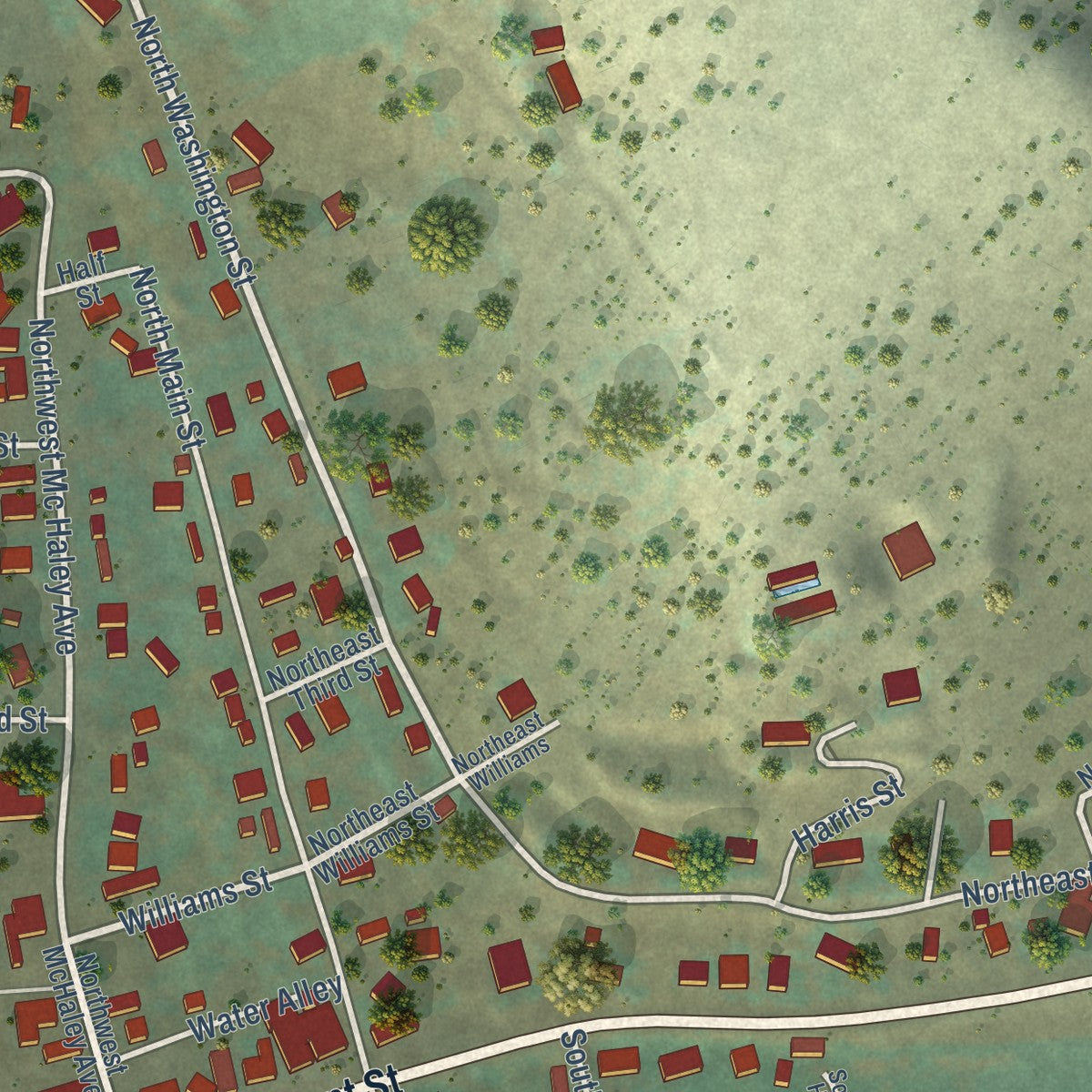 Close-up of the map of Prairie City, Oregon print showing street and building detail
