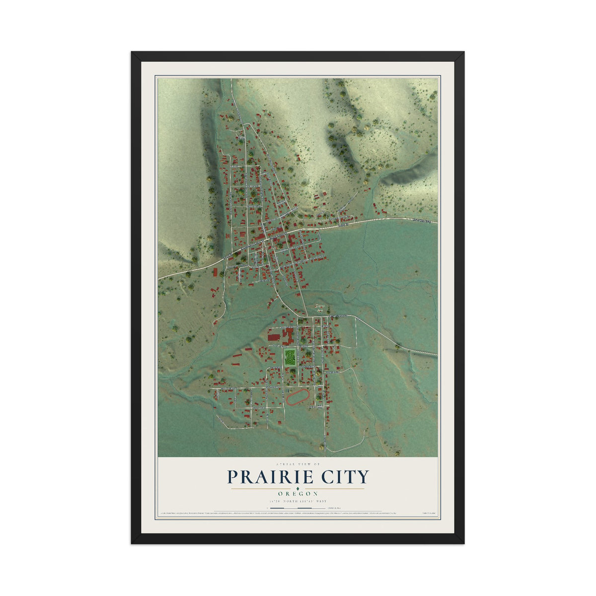 Map of Prairie City, Oregon, 12 x 18 inch print in a black wood frame