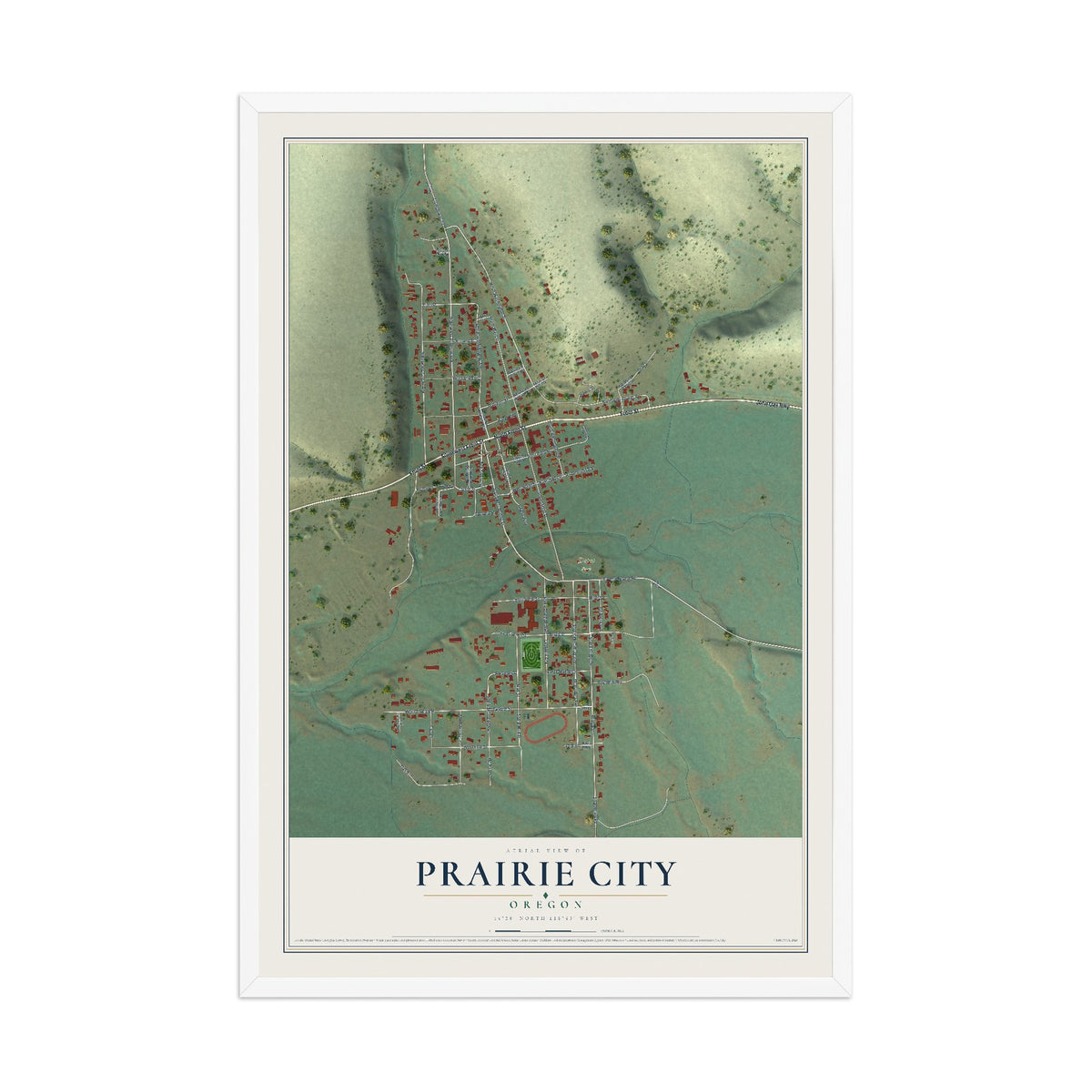 Map of Prairie City, Oregon, 12 x 18 inch print in a white wood frame