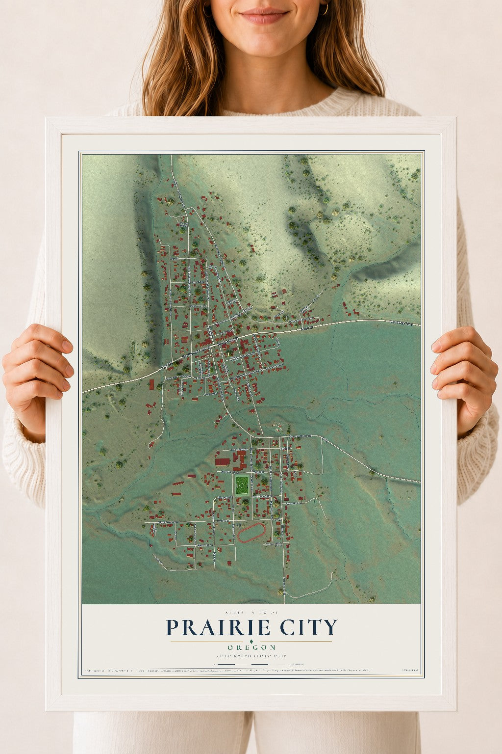 Map of Prairie City, Oregon, 18 x 24 inch print in a white wood frame