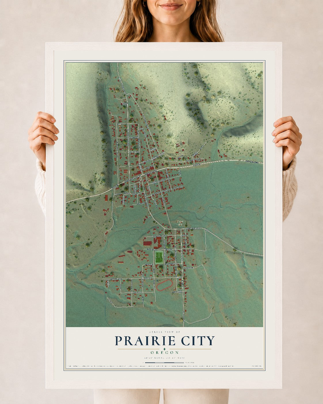 Map of Prairie City, Oregon, 24 x 36 inch print in a white wood frame