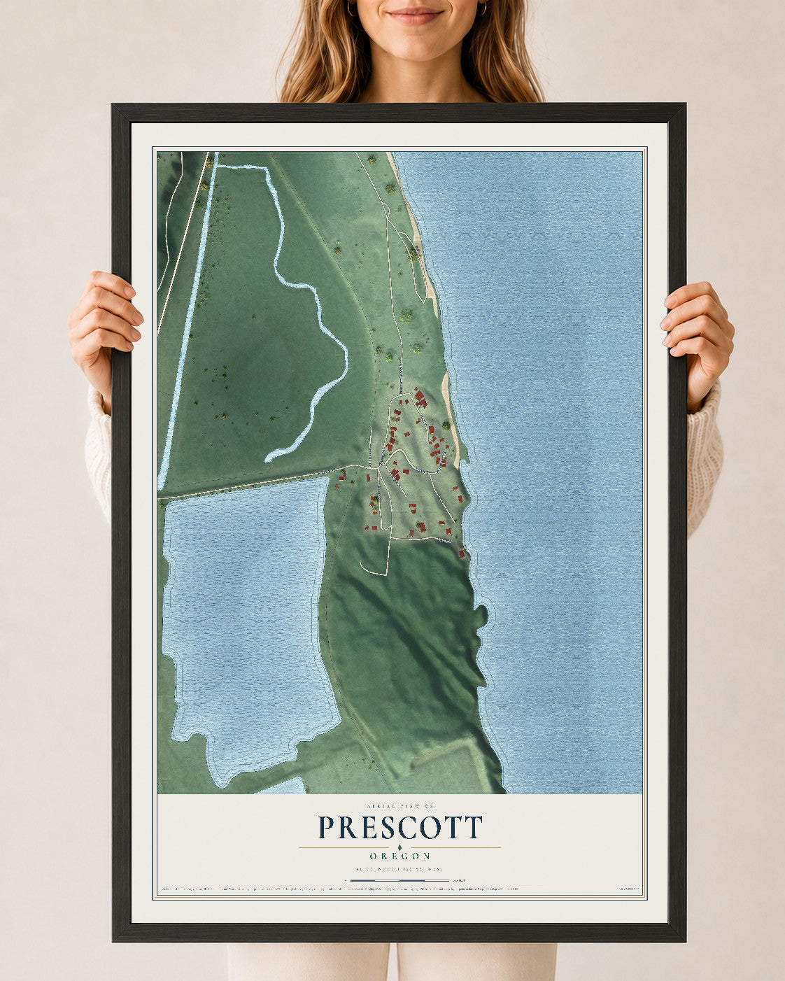 Map of Prescott, Oregon, 24 x 36 inch print in a black wood frame