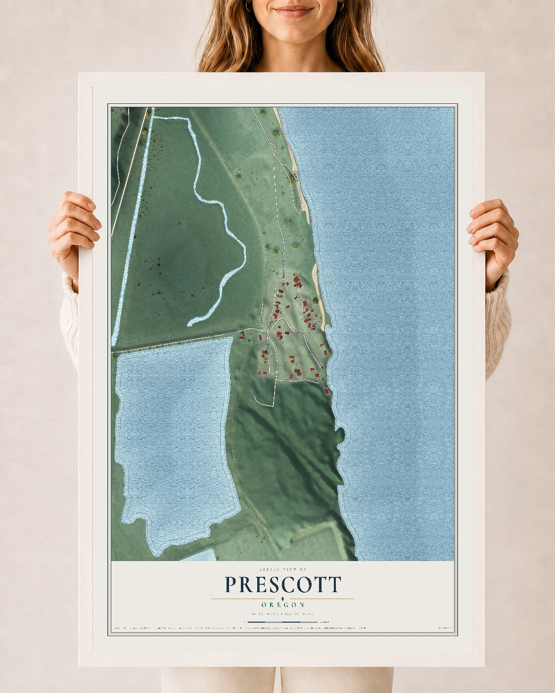 Map of Prescott, Oregon, 24 x 36 inch print in a white wood frame