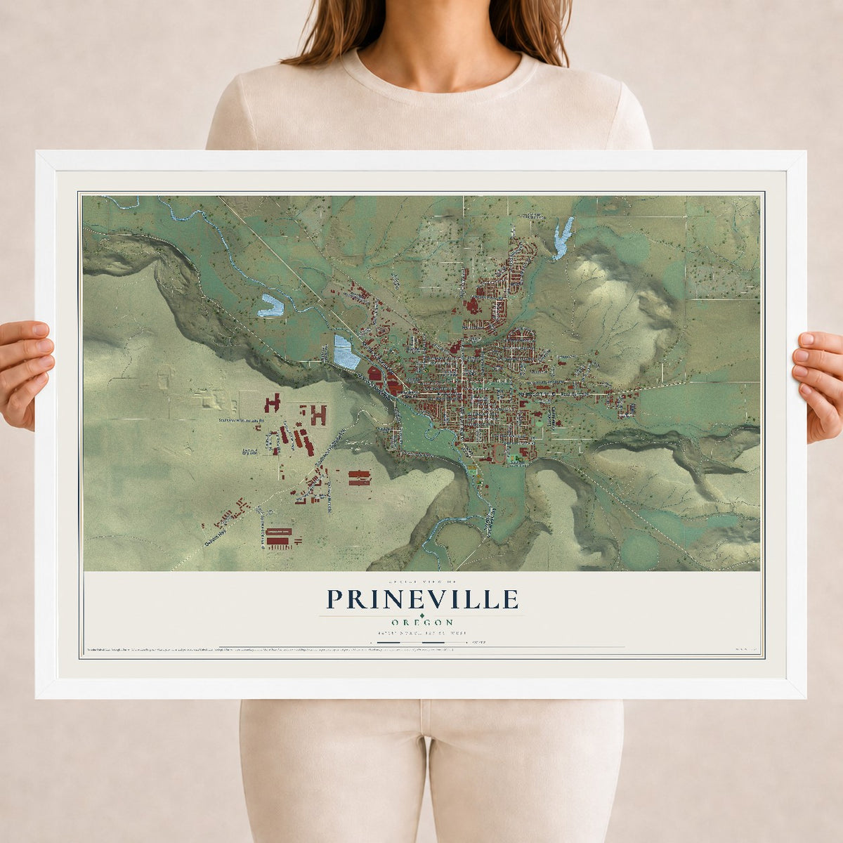 Map of Prineville, Oregon, 18 x 24 inch print in a white wood frame