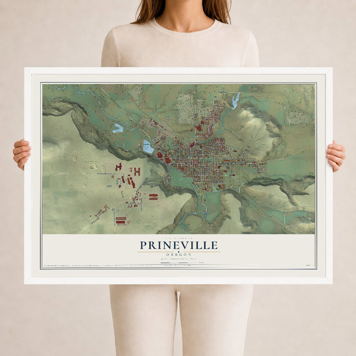 Map of Prineville, Oregon, 24 x 36 inch print in a white wood frame