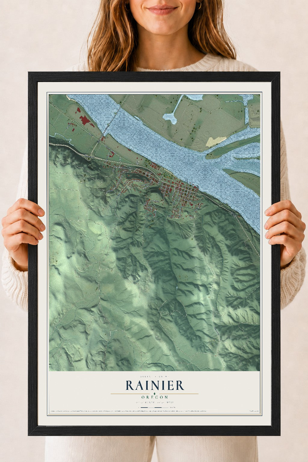 Map of Rainier, Oregon, 18 x 24 inch print in a black wood frame