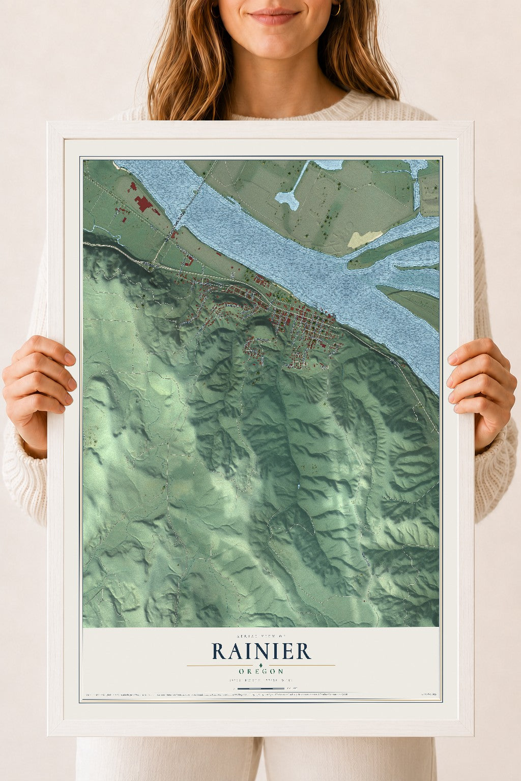 Map of Rainier, Oregon, 18 x 24 inch print in a white wood frame