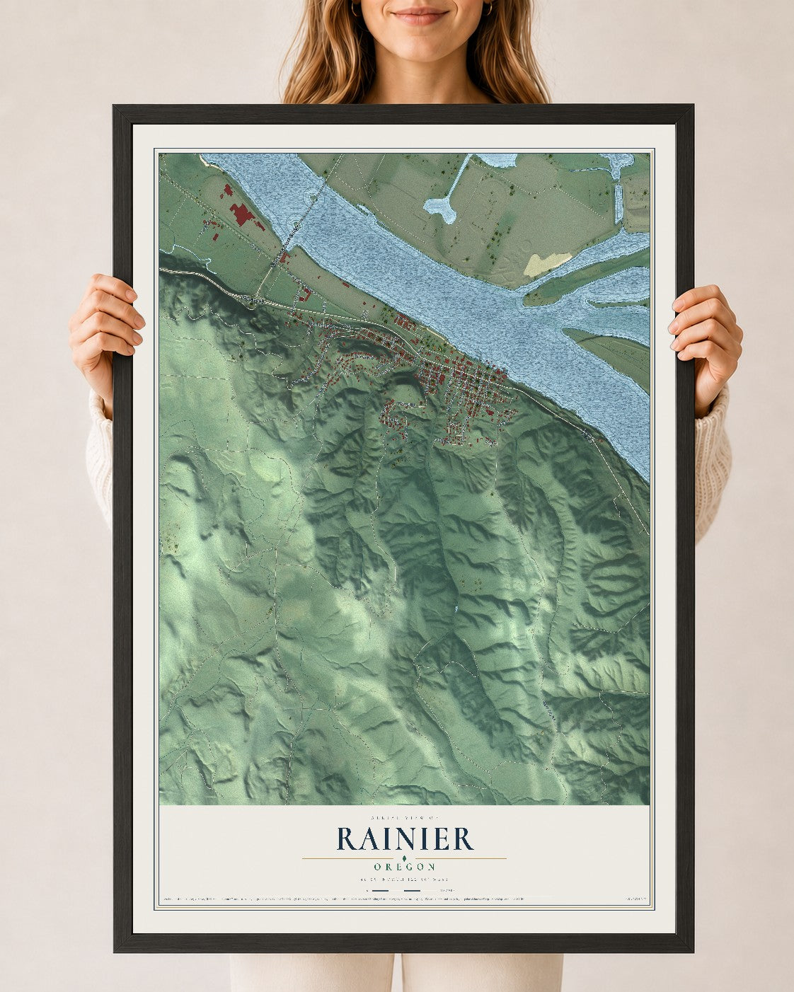 Map of Rainier, Oregon, 24 x 36 inch print in a black wood frame