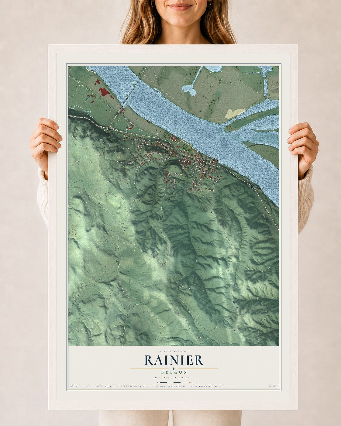 Map of Rainier, Oregon, 24 x 36 inch print in a white wood frame