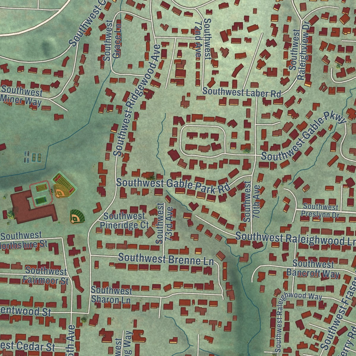 Close-up of the map of Raleigh Hills, Oregon print showing street and building detail