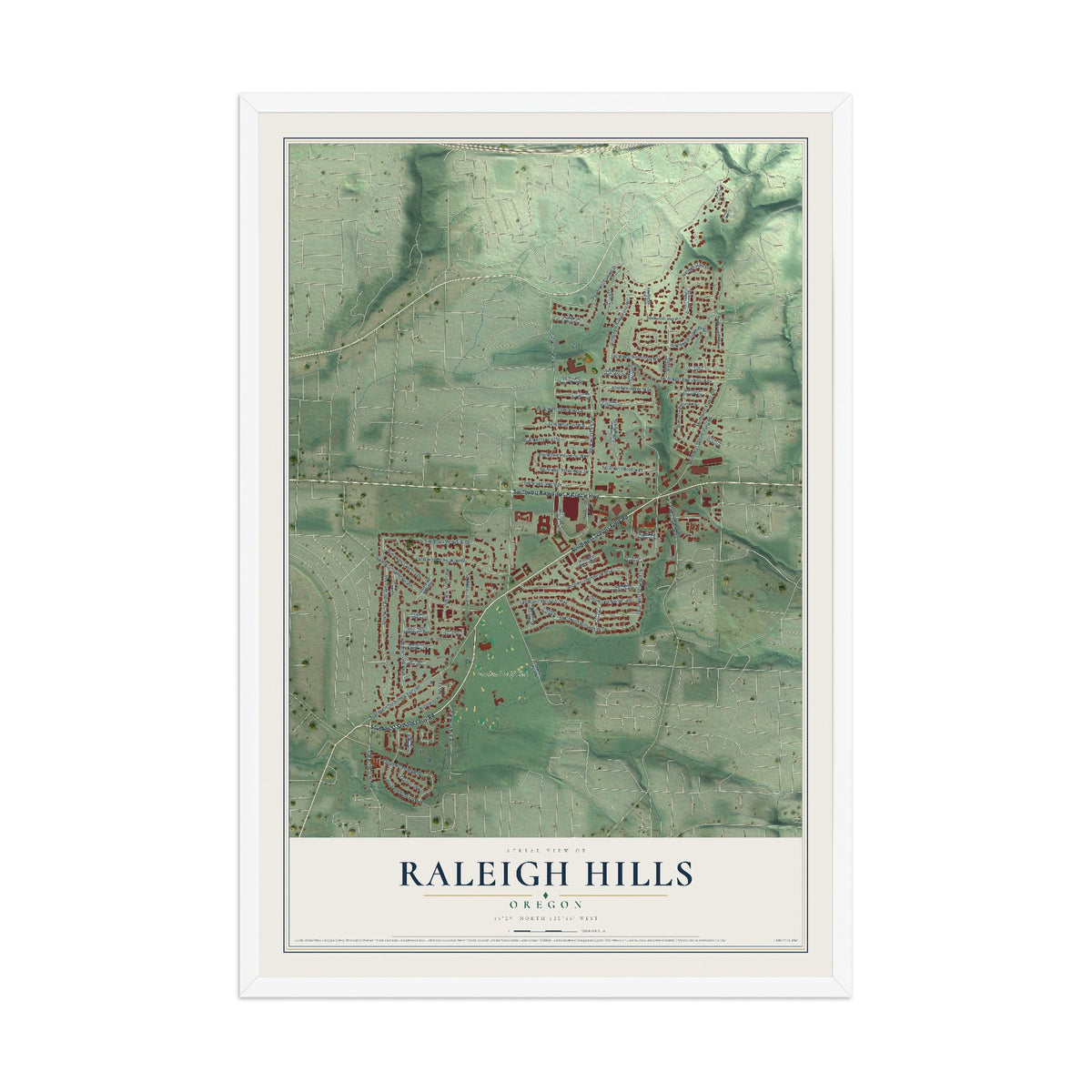 Map of Raleigh Hills, Oregon, 12 x 18 inch print in a white wood frame