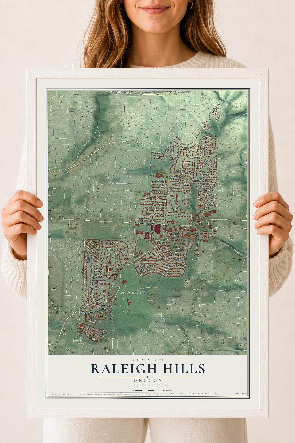 Map of Raleigh Hills, Oregon, 18 x 24 inch print in a white wood frame
