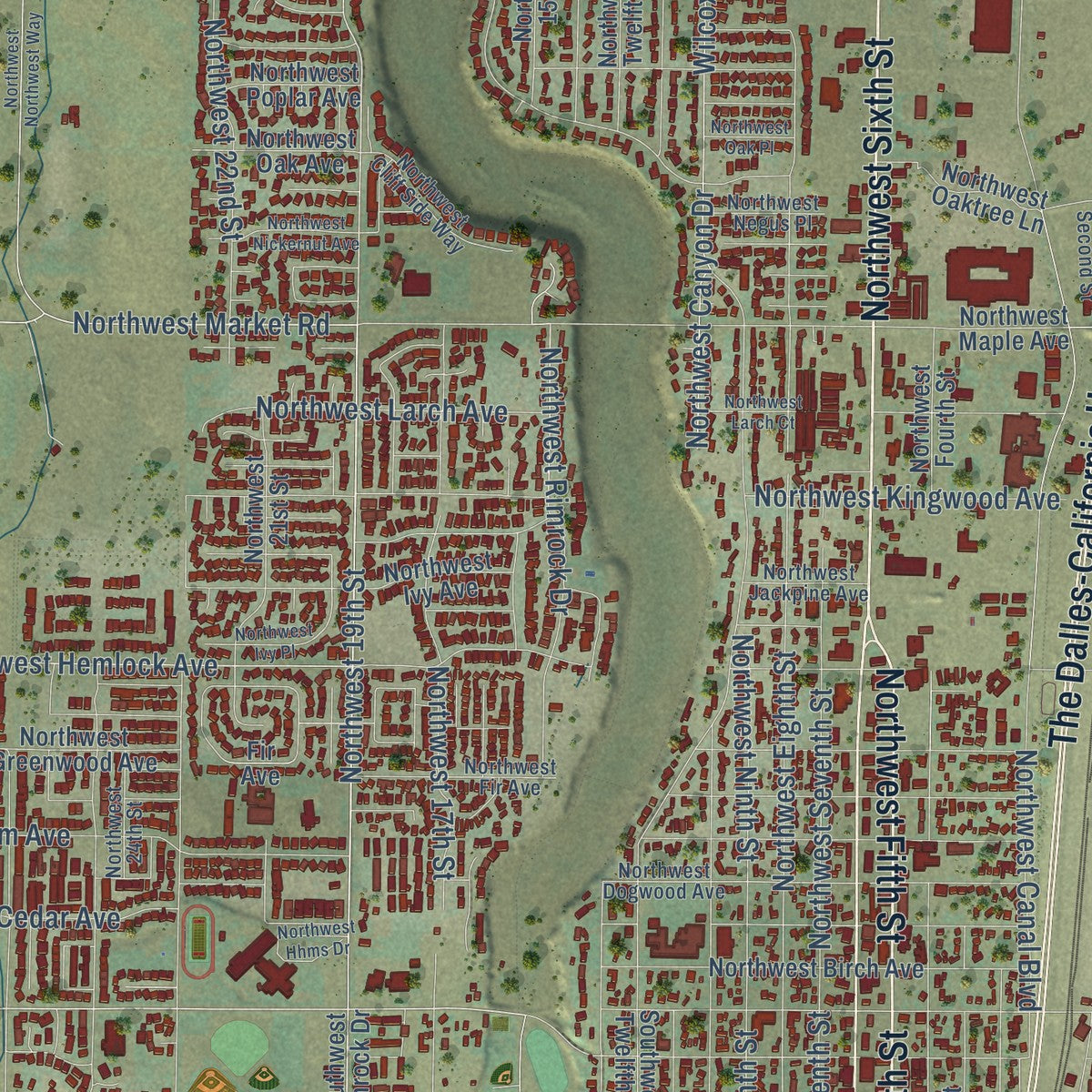 Second close-up of the map of Redmond, Oregon print showing more streets and buildings