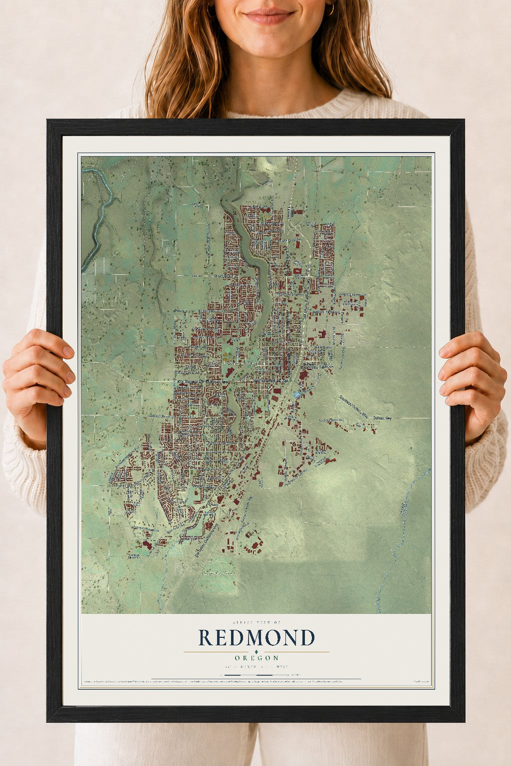 Map of Redmond, Oregon, 18 x 24 inch print in a black wood frame