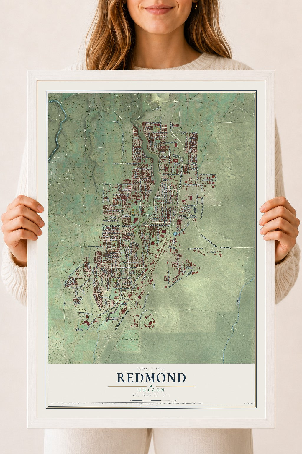 Map of Redmond, Oregon, 18 x 24 inch print in a white wood frame