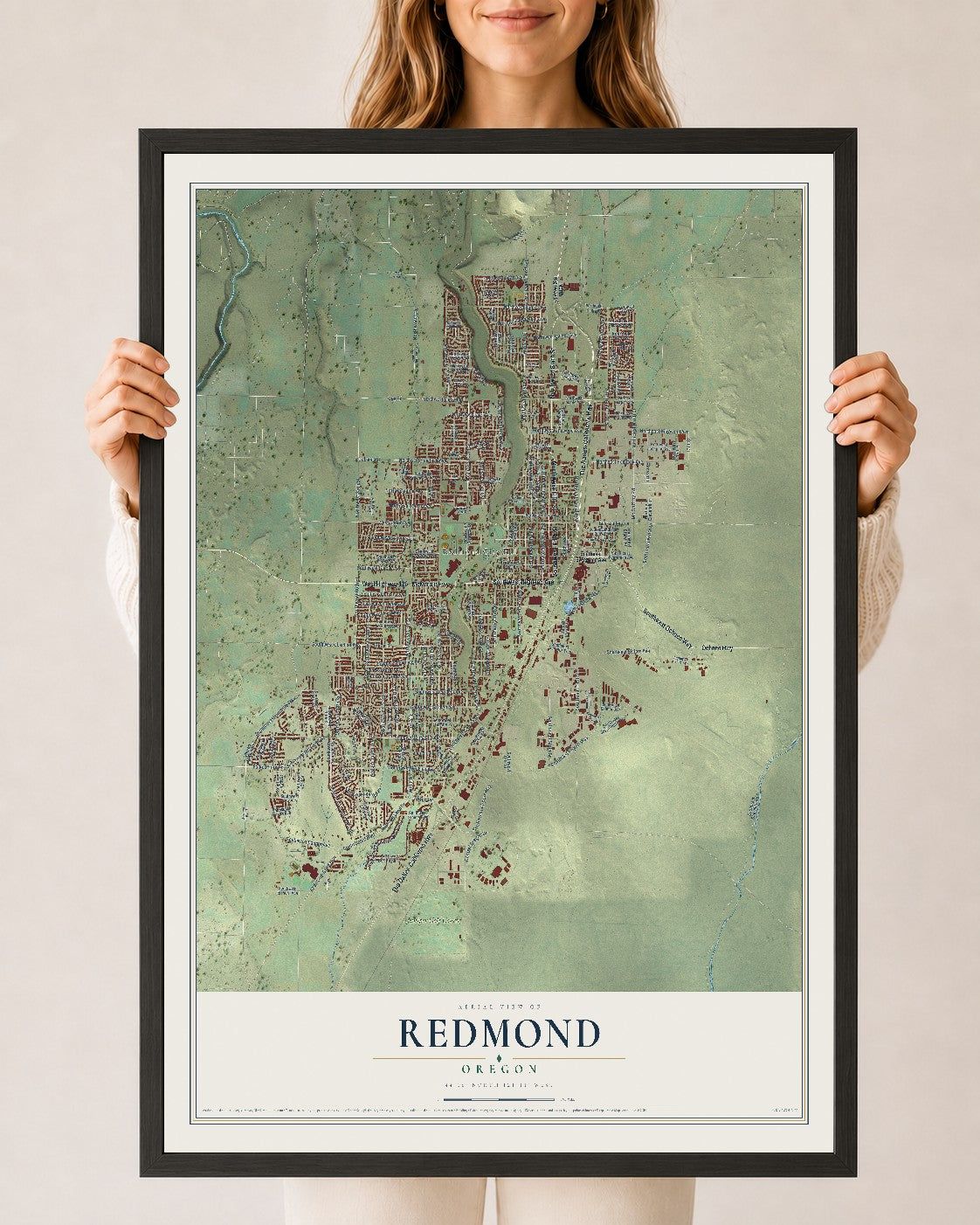 Map of Redmond, Oregon, 24 x 36 inch print in a black wood frame