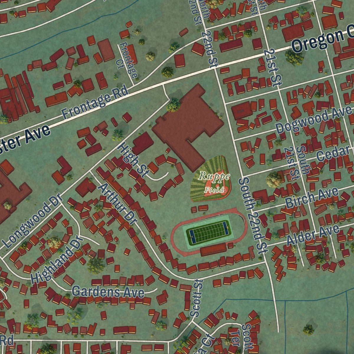 Close-up of the map of Reedsport, Oregon print showing street and building detail