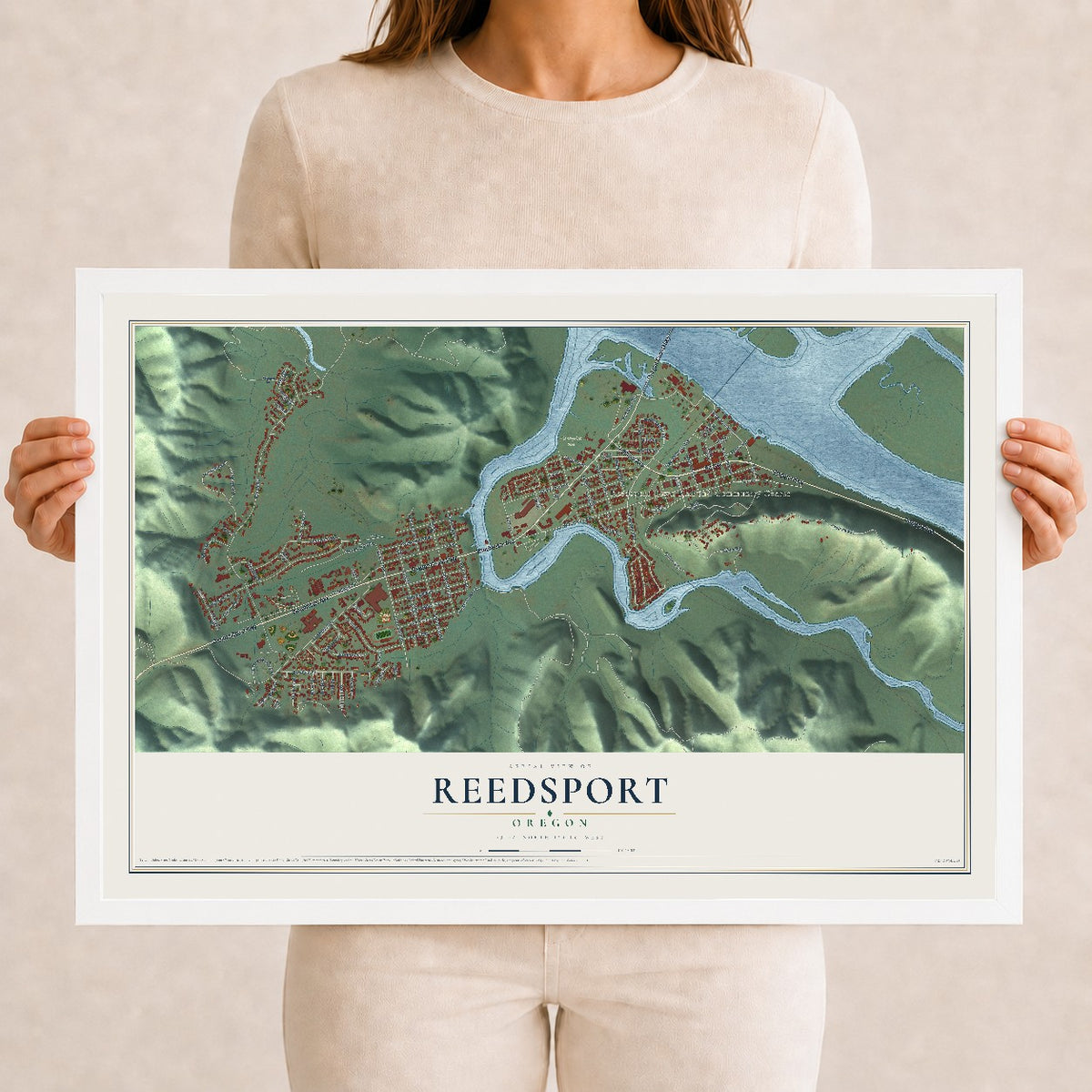 Map of Reedsport, Oregon, 12 x 18 inch print in a white wood frame