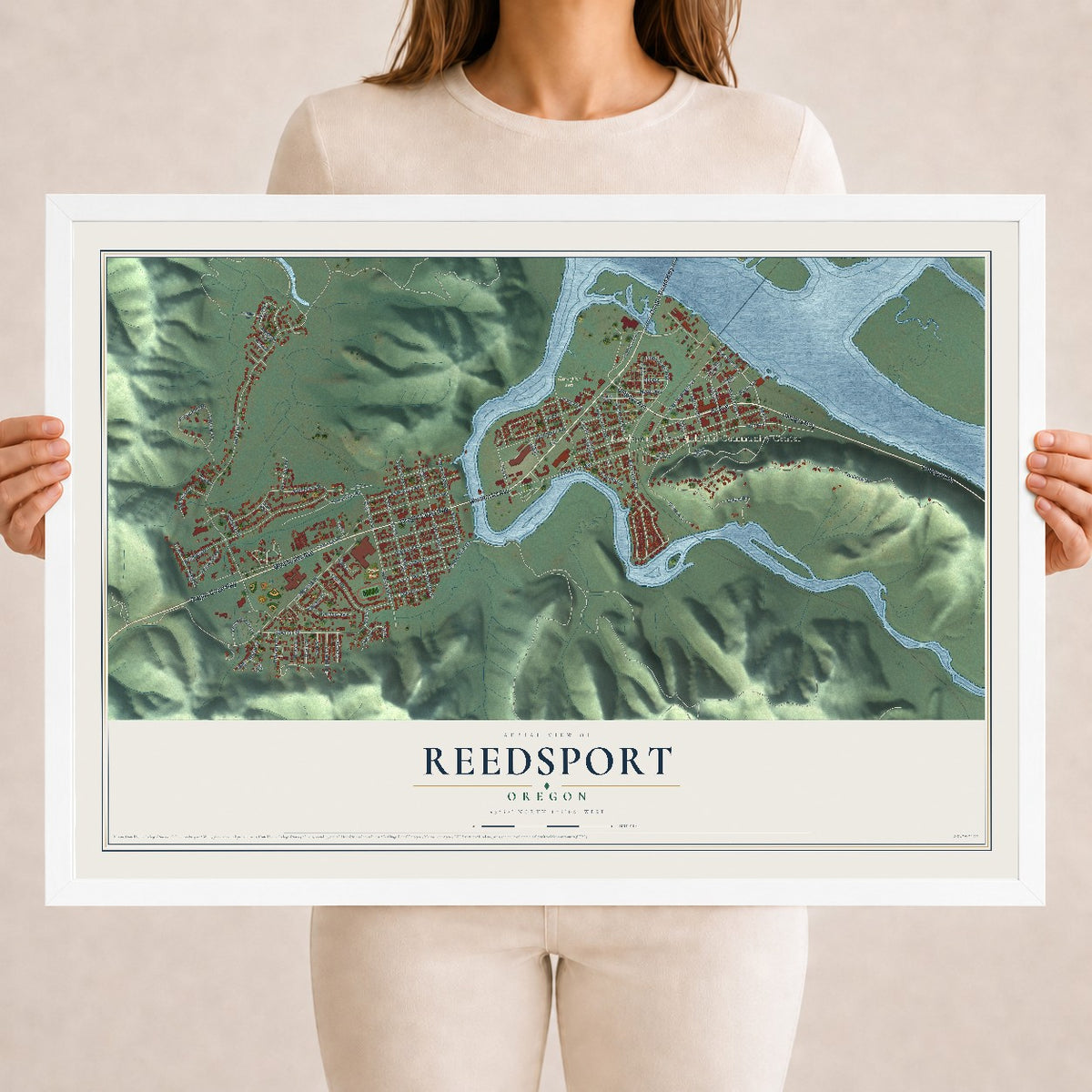 Map of Reedsport, Oregon, 18 x 24 inch print in a white wood frame