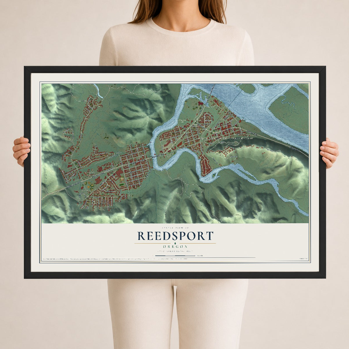 Map of Reedsport, Oregon, 24 x 36 inch print in a black wood frame