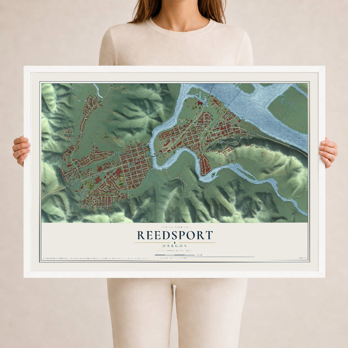 Map of Reedsport, Oregon, 24 x 36 inch print in a white wood frame