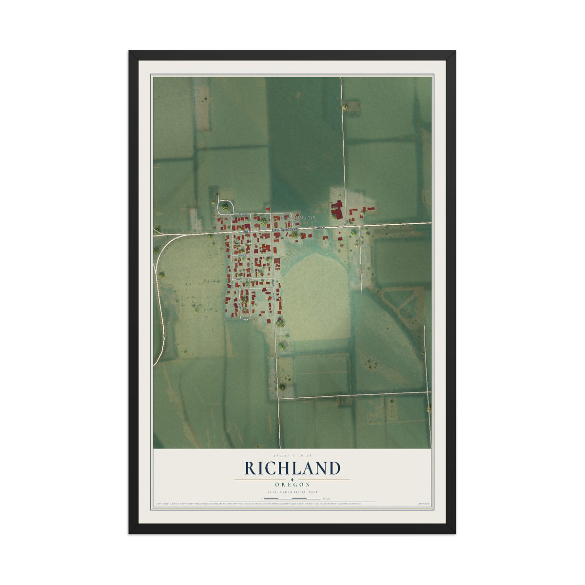 Map of Richland, Oregon, 12 x 18 inch print in a black wood frame