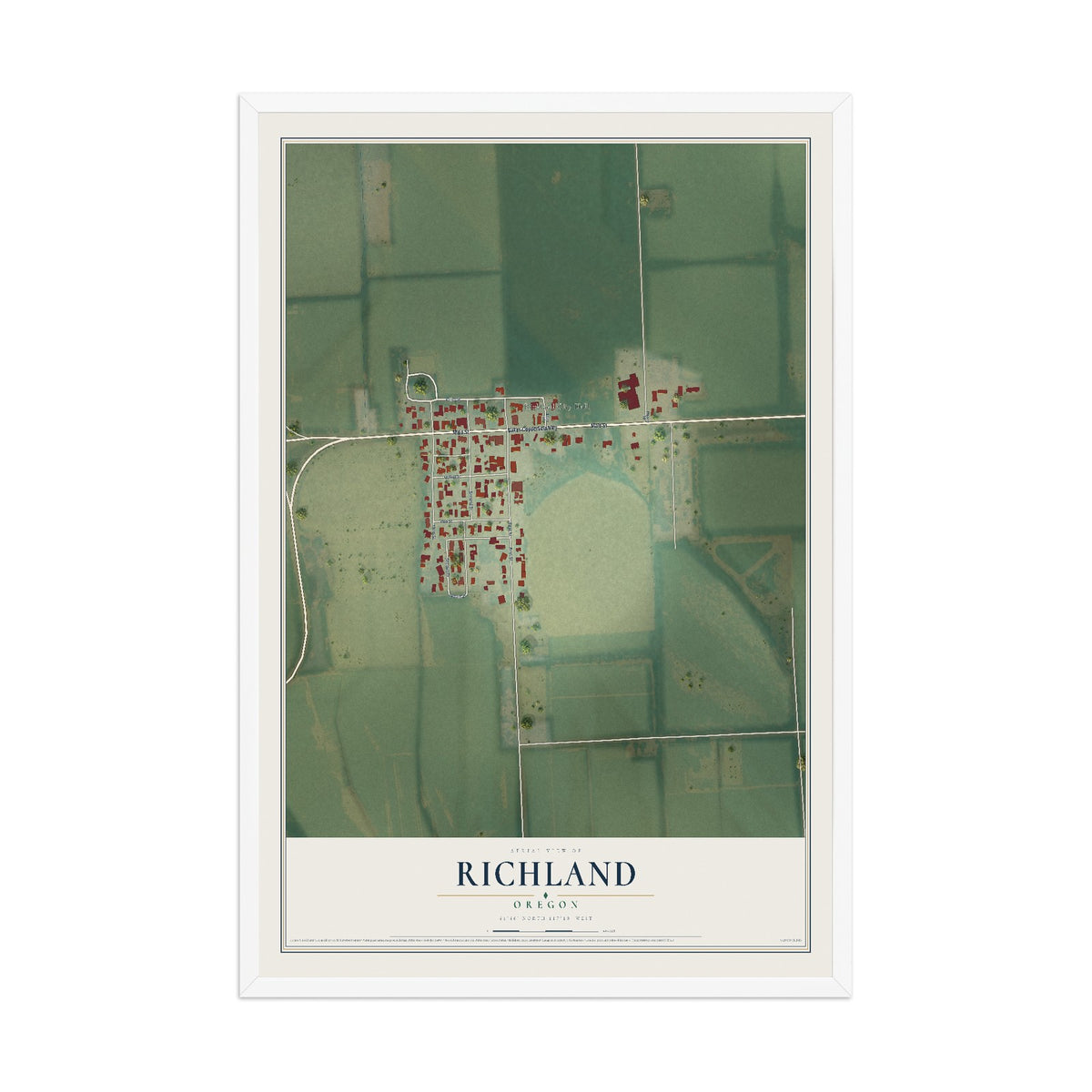Map of Richland, Oregon, 12 x 18 inch print in a white wood frame