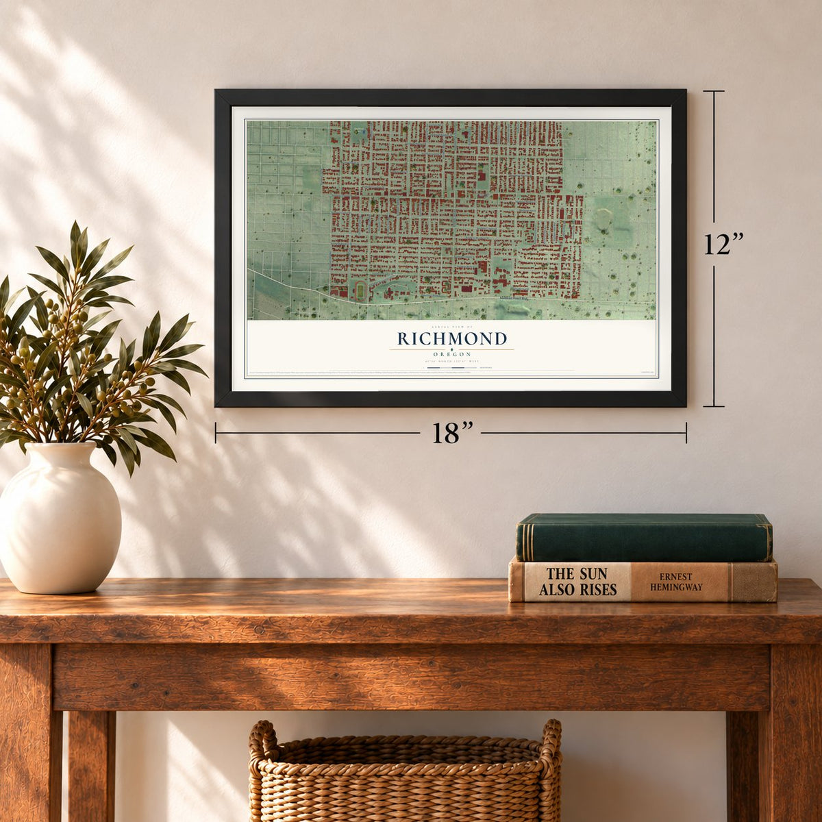 Richmond, Oregon map, 12 x 18 inch print in a black frame in an entryway
