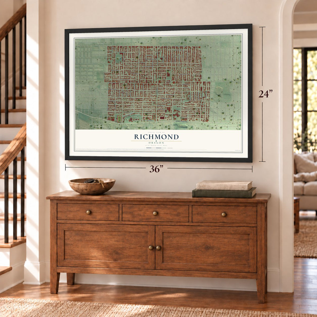 Richmond, Oregon map, 24 x 36 inch print in a black frame above a dresser by a staircase