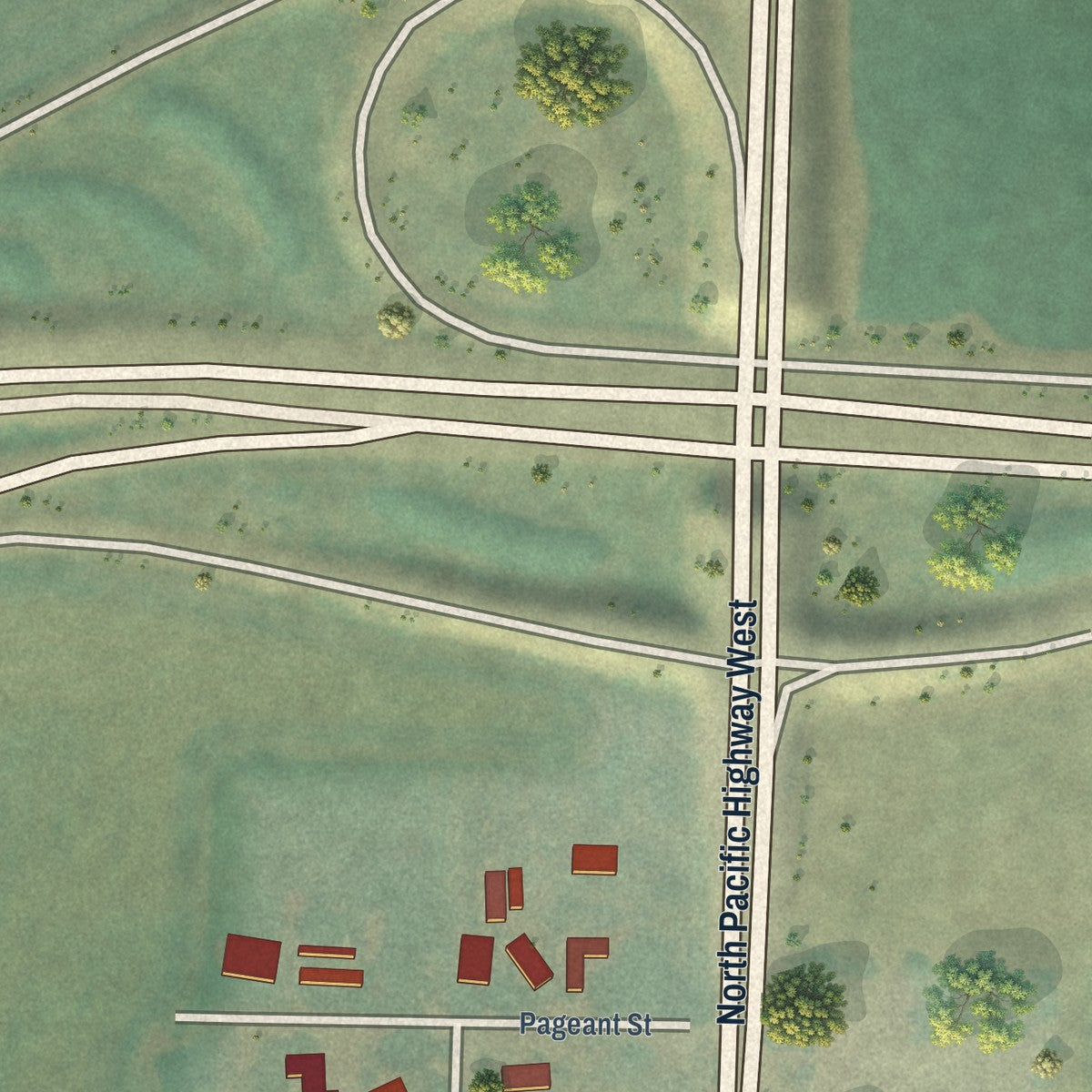 Close-up of the map of Rickreall, Oregon print showing street and building detail
