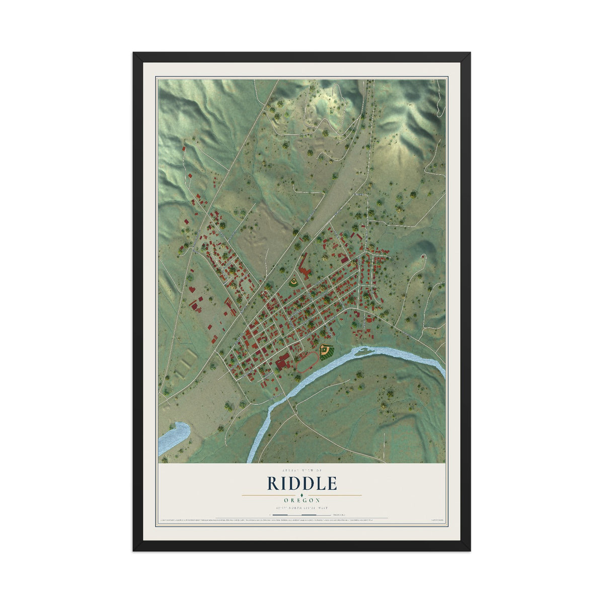 Map of Riddle, Oregon, 12 x 18 inch print in a black wood frame