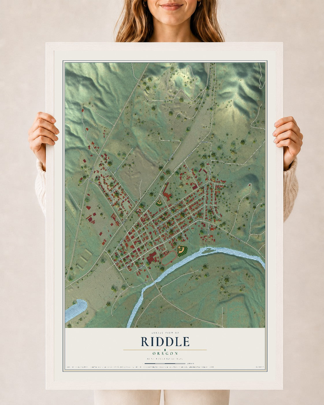 Map of Riddle, Oregon, 24 x 36 inch print in a white wood frame