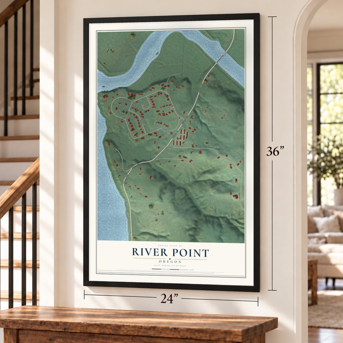 River Point, Oregon map, 24 x 36 inch print in a black frame by a staircase