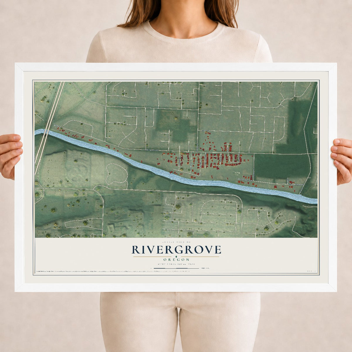 Map of Rivergrove, Oregon, 18 x 24 inch print in a white wood frame