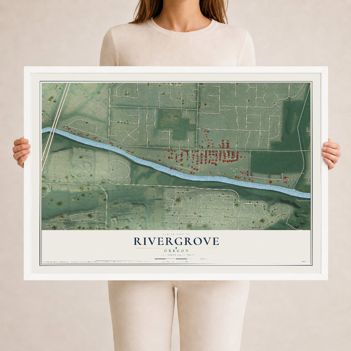 Map of Rivergrove, Oregon, 24 x 36 inch print in a white wood frame