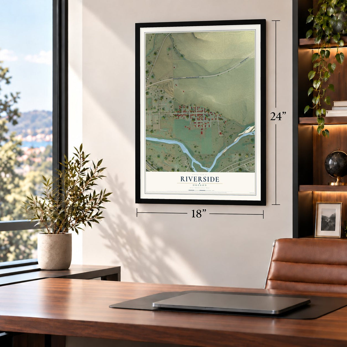 Riverside, Oregon map, 18 x 24 inch print in a black frame in a home office