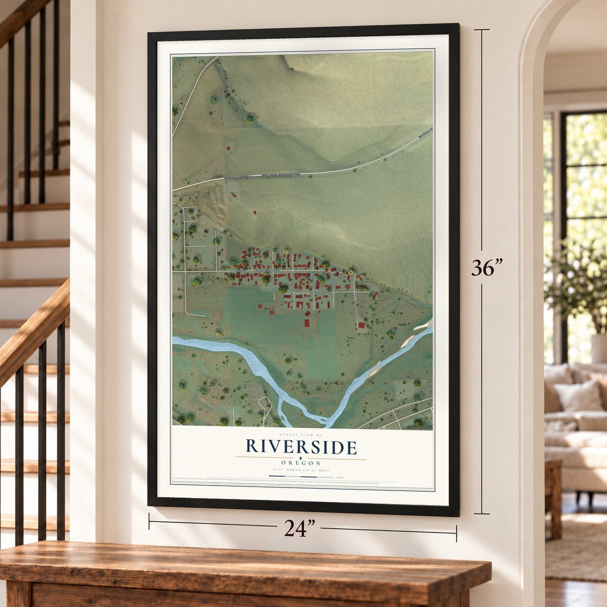 Riverside, Oregon map, 24 x 36 inch print in a black frame by a staircase